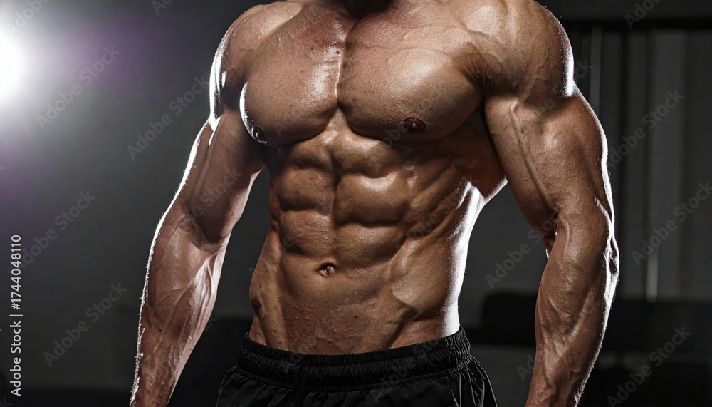 Fototapeta premium A muscular individual showcasing defined abs and upper body strength in a dramatic lighting setting.