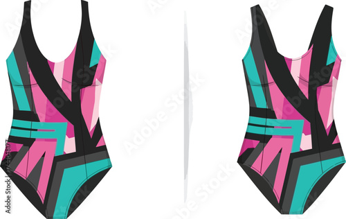 Two one piece swimsuits with abstract geometric patterns in pink turquoise and black on a white background