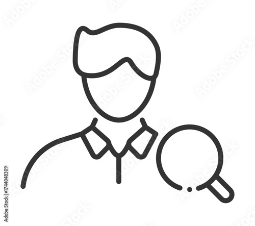 Outline of person with magnifying glass icon for research and analysis
