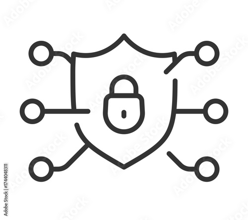 Cybersecurity network shield with lock icon for data protection and safety concept