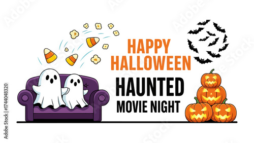 Happy Halloween haunted Movie Night: A festive graphic with playful ghost characters enjoying popcorn and candy corn for a spooky movie marathon. 