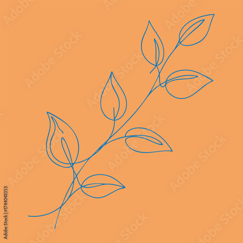 Minimalist line art of a delicate plant with multiple leaves on a warm orange emphasizing simplicity and elegance