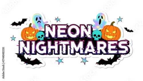 Neon Nightmares: A vibrant and spooky neon design features eerie pumpkins, playful ghosts, and spooky skulls to spark imagination and fright.