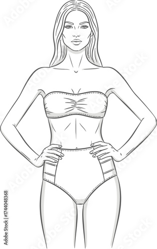 Woman in strapless top and high waisted bottoms with hands on hips in black and white outline style