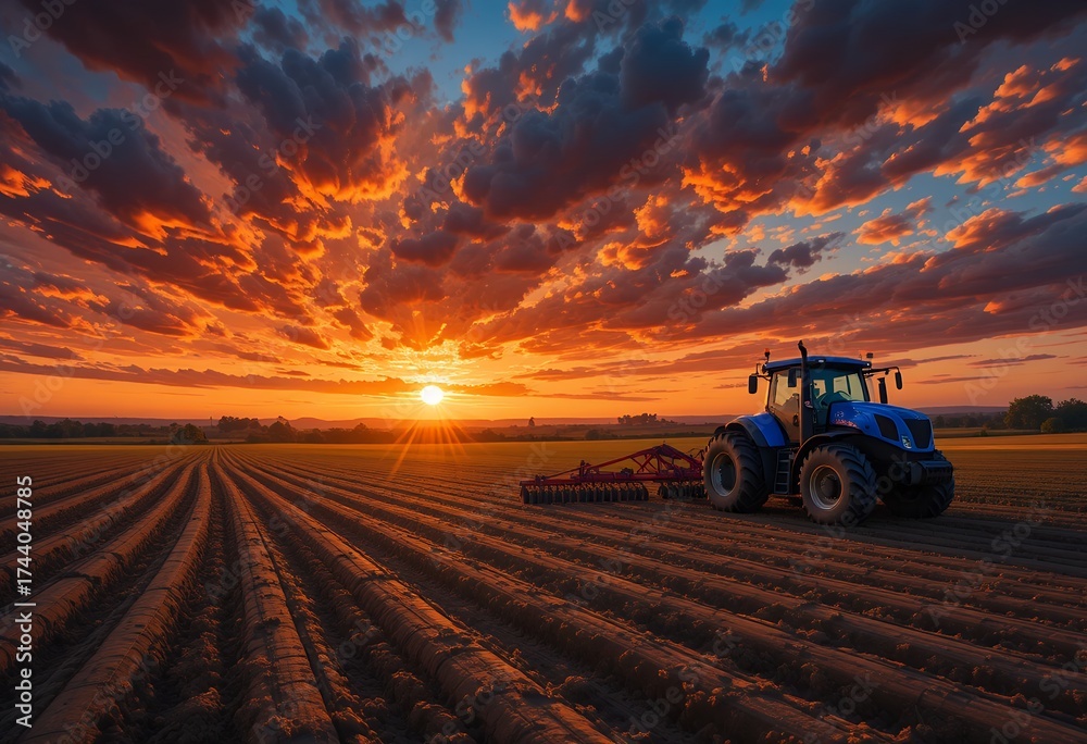Fototapeta premium Tractor working on expansive farmland under vibrant sunset sky with dramatic clouds