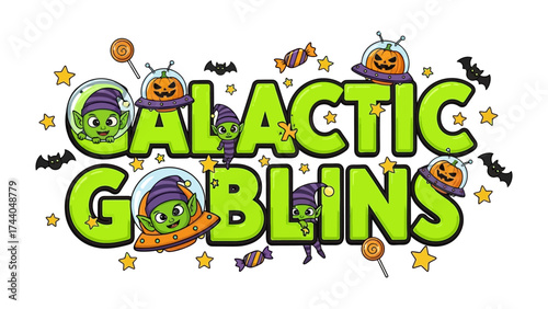 Galactic Goblins: A fun and whimsical illustration of Galactic Goblins with alien creatures amidst a space theme, stars, pumpkin-headed aliens and candies perfect for Halloween season.
