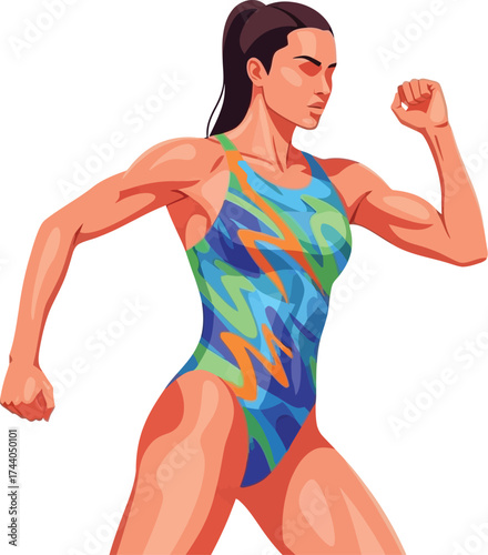 Woman in colorful swimsuit with muscular build strikes a dynamic pose against a white background