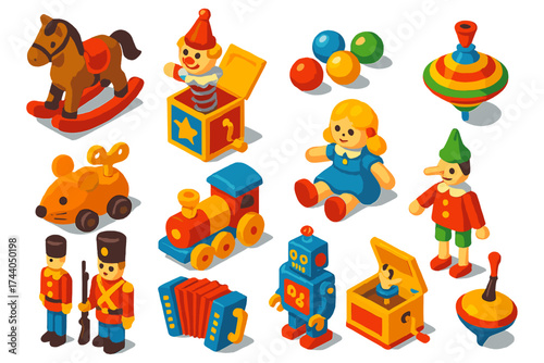 Vintage Toy Collection. Isometric vector illustration set Vintage Toys: rocking horse, jack-in-box, marbles, spinning top, wind-up