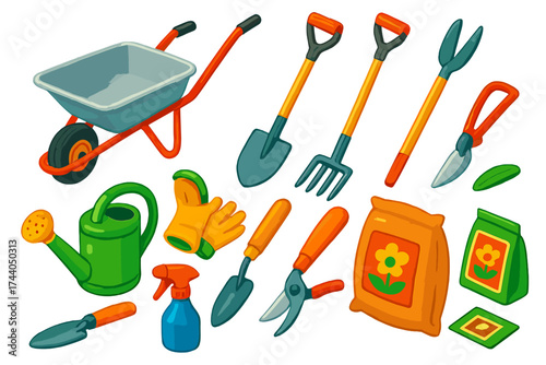 Vibrant Garden Tool Icons. Isometric vector illustration set Garden Tools: wheelbarrow, shovel, rake, hoe, watering can, garden