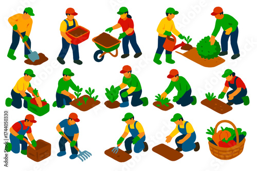 Gardening Activities Icons. Isometric vector illustration set Gardening Work: digging soil, carrying compost, spreading mulch,