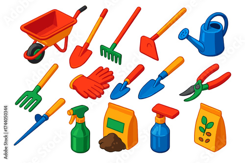 Vibrant Garden Tool Icons. Isometric vector illustration set Garden Tools: wheelbarrow, shovel, rake, hoe, watering can, garden