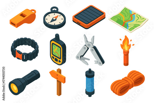 Outdoor Survival Essentials. Isometric vector illustration set Outdoor Survival Navigation: emergency whistle, compass, solar