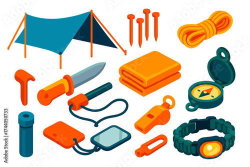 Wilderness Survival Kit Essentials. Isometric vector illustration set Wilderness Survival Kit: tarp shelter, rope, tent pegs,