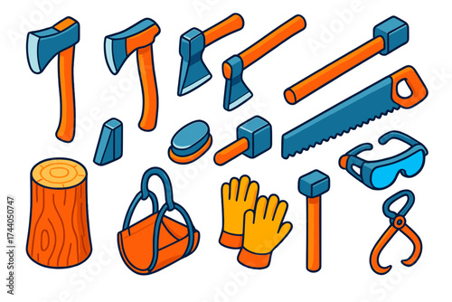 Woodcutting Tools Isometric Set. Isometric vector illustration set Woodcutting Tools: splitting axe, hatchet, maul, saw, chopping