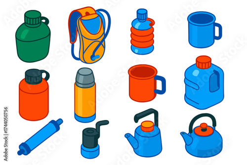 Outdoor Hydration Icons. Isometric vector illustration set Outdoor Hydration: hiking canteen, hydration pack, collapsible bottle,