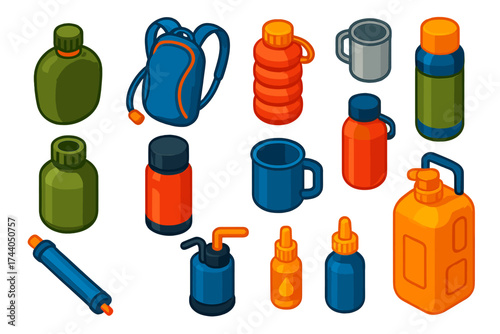 Outdoor Hydration Icons. Isometric vector illustration set Outdoor Hydration: hiking canteen, hydration pack, collapsible bottle,
