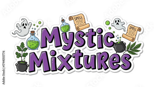 Mystic Mixtures: Magical Ingredients: A mystical, eye-catching graphic with whimsical illustrations of bubbling cauldrons, potions, and spell scrolls.