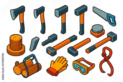 Woodcutting Tools Isometric Set. Isometric vector illustration set Woodcutting Tools: splitting axe, hatchet, maul, saw, chopping