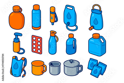 Water Safety Gear Icons. Isometric vector illustration set Expedition Water Safety: sealed canteen, insulated bottle, UV purifier,