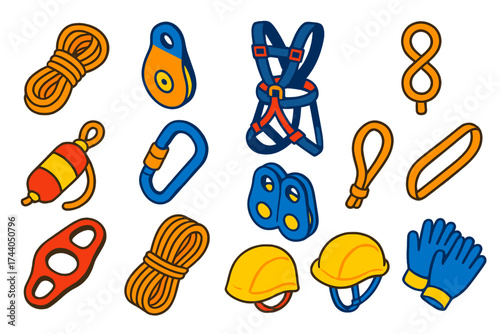 Rescue Gear Icons. Isometric vector illustration set Rescue and Safety Ropes: lifeline rope, pulley block, safety harness,
