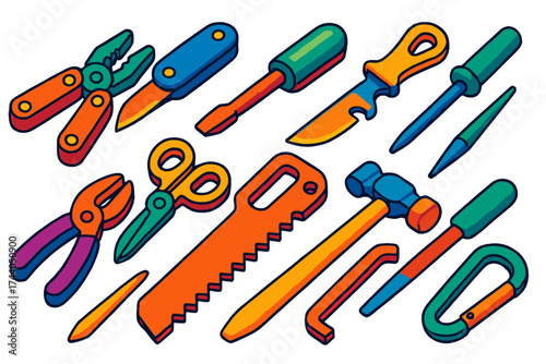Bold Survival Tools Set. Isometric vector illustration set Compact Survival Tools: multi-tool pliers, blade knife, screwdriver,