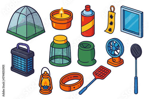 Backyard Pest Solutions. Isometric vector illustration set Backyard Pest Defense: garden mosquito net, citronella candle, bug