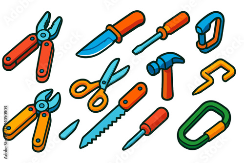 Bold Survival Tools Set. Isometric vector illustration set Compact Survival Tools: multi-tool pliers, blade knife, screwdriver,