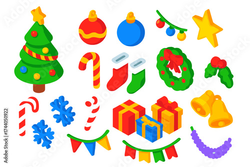 Festive Party Icons. Isometric vector illustration set Christmas Party Icons: Christmas tree, baubles, fairy lights, candy canes,