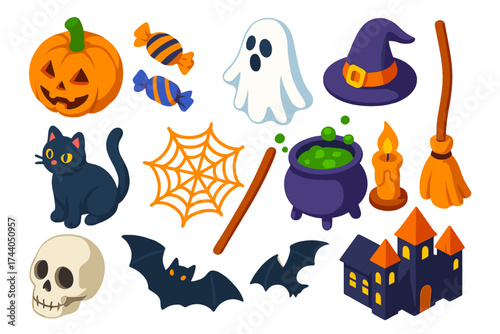 Halloween Icon Collection. Isometric vector illustration set Trick-or-Treat Collection: pumpkin lantern, candy pieces, ghost,