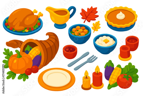 Thanksgiving Feast Icons. Isometric vector illustration set Thanksgiving Meal Set: roasted turkey, gravy boat, stuffing, pumpkin