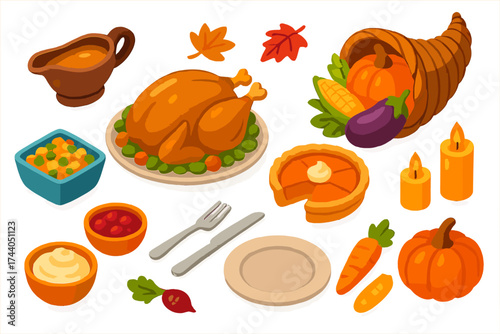 Thanksgiving Feast Essentials. Isometric vector illustration set Thanksgiving Essentials Kit: roasted turkey, gravy boat, stuffing