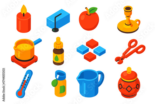 Home Candle Craft Icons. Isometric vector illustration set Home Candle Craft Icons: candle, wax, wick, scent, candle holder,