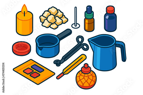 DIY Candle Kit Icons. Isometric vector illustration set DIY Candle Kit: candle, wax, wick, scent, candle holder, melting pot,