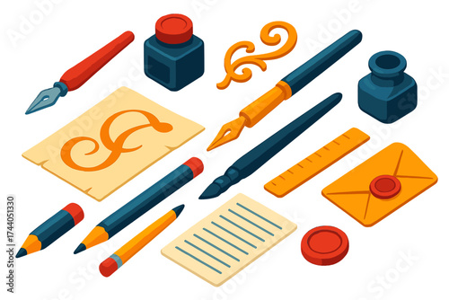 Calligraphy Tools Icons. Isometric vector illustration set Calligraphy Art: calligraphy pen, ink bottle, flourish, nib holder,