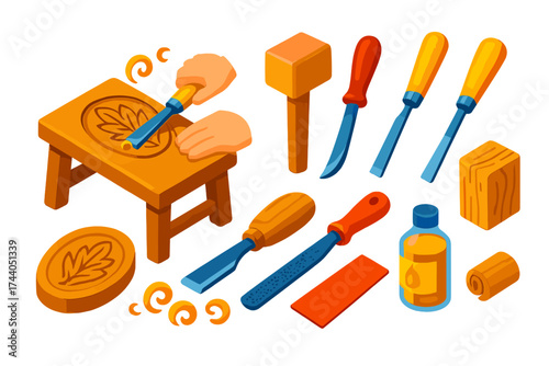 Woodcarving Tool Kit. Isometric vector illustration set Woodcarving Tools: woodcarving, chisel, detail, artisan, carving knife,