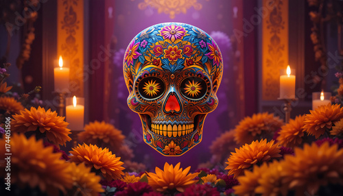 Colorful Sugar Skull Surrounded by Marigolds and Candles During a Festive Celebration of Life and Remembrance