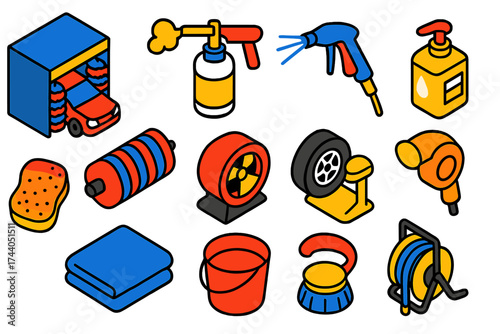 Car Wash Icons. Isometric vector illustration set Car wash station: Automatic washer, Foam sprayer, Water nozzle, Soap dispenser,