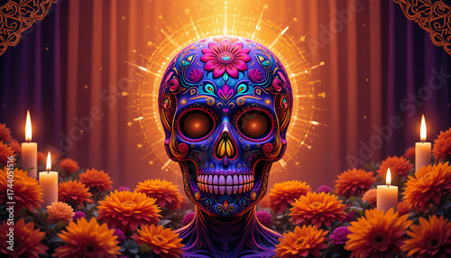 Colorful Skull Decorated With Flowers and Candles Creating a Festive Atmosphere During a Celebration of Life and Death