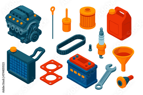 Engine Repair Tools. Isometric vector illustration set Car Repair Engine Set: engine, oil, dipstick, filter, coolant, radiator,