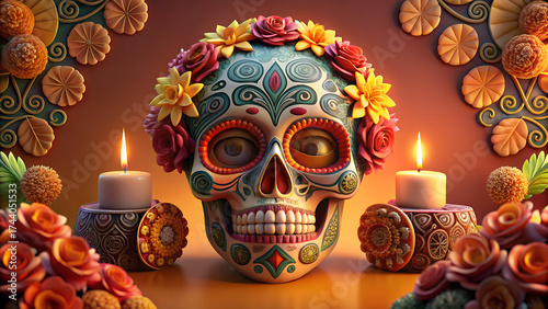 Colorful Sugar Skull Decoration With Flowers and Candles for Día De Los Muertos Celebration in a Vibrant Setting
