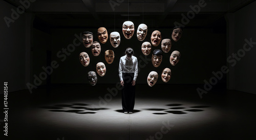 Performer Stands in Dim Space Surrounded by Suspended Masks Expressing Diverse Emotions in a Contemporary Art Installation