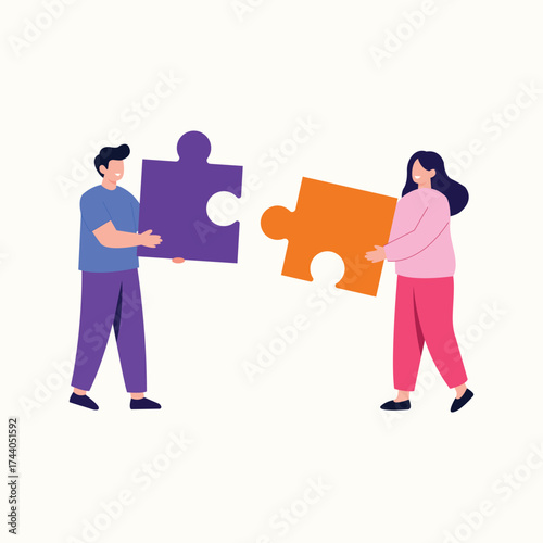 Man and Woman Collaborating to Connect Two Jigsaw Puzzle Pieces Vector Illustration.