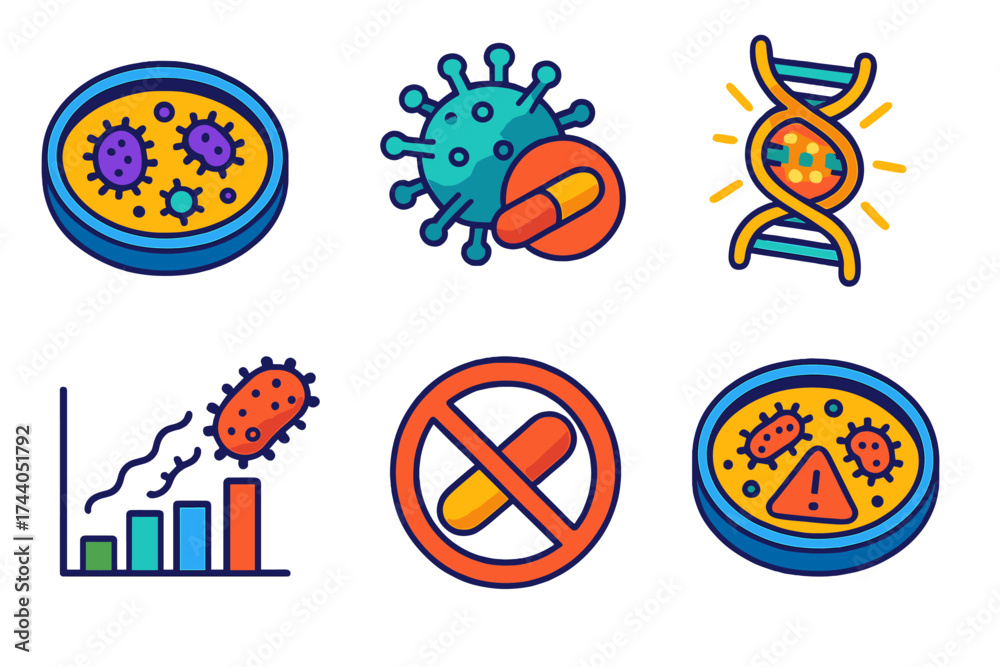 Fototapeta premium Antibiotic Resistance Icons. Isometric vector illustration set Antibiotic Resistance Studies: petri dish with resistant strain,