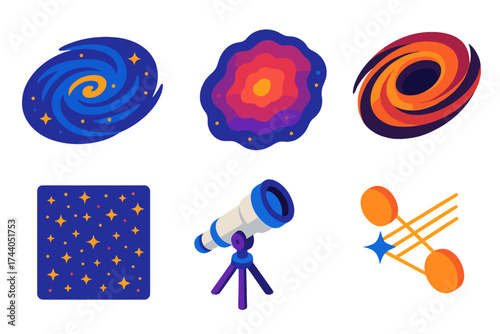 Deep Space Exploration. Isometric vector illustration set Deep Space Study: galaxy spiral arm, nebula cloud, black hole swirl.