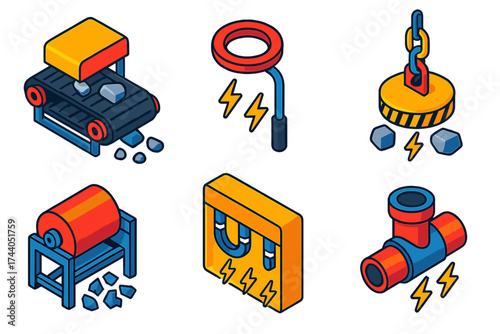 Industrial Magnetic Systems Icons. Isometric vector illustration set Industrial Magnetic Systems: magnetic conveyor belt, metal