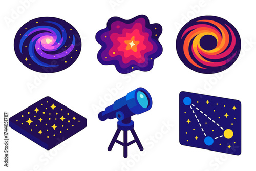 Deep Space Exploration. Isometric vector illustration set Deep Space Study: galaxy spiral arm, nebula cloud, black hole swirl.