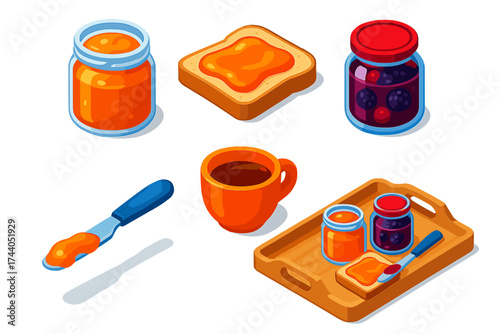 Breakfast Jam Essentials. Isometric vector illustration set Breakfast Jam Set: open jar of apricot jam, toast slice with jam smear