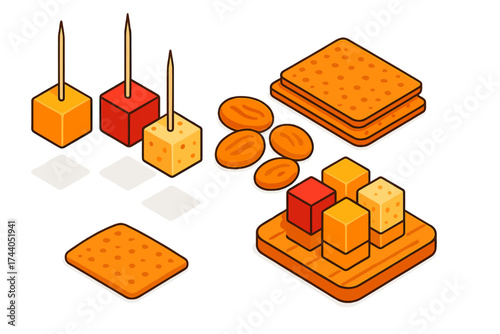 Mini Cheese Sampler. Isometric vector illustration set Mini Cheese Sampler: mini cubes of cheddar, gouda, pepper jack with
