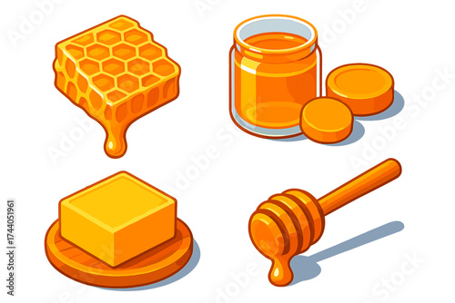 Honeycomb and Honey Set. Isometric vector illustration set Raw Honey and Comb: chunk of honeycomb dripping, crystal-clear honey in
