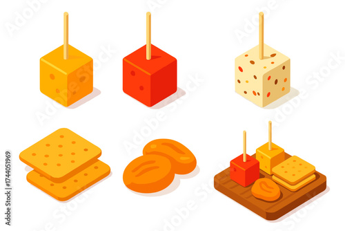 Mini Cheese Sampler. Isometric vector illustration set Mini Cheese Sampler: mini cubes of cheddar, gouda, pepper jack with